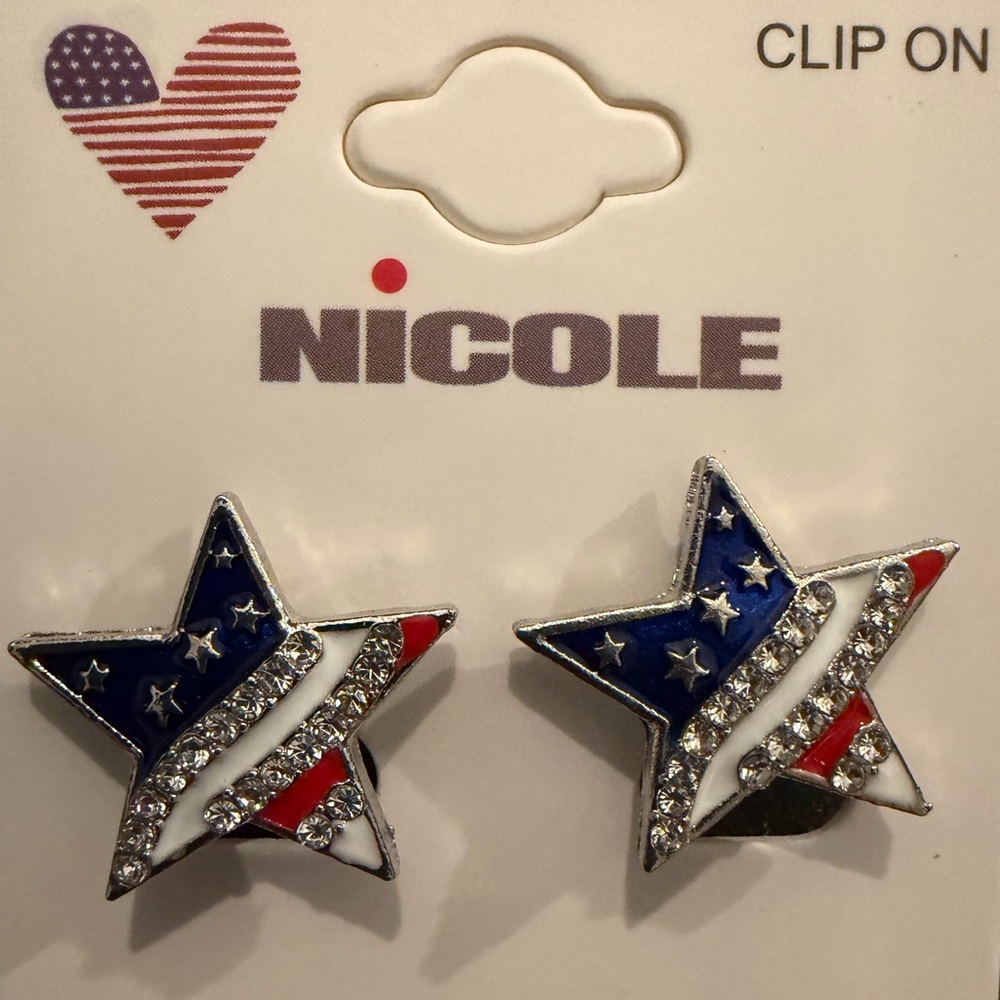 Patriotic Nicole Star Flag Clip-On Earrings - Red, White & Blue and Silver NWT